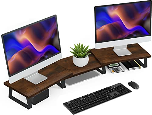 Aothia Dual-Monitorständer,Holz monitor ständer mit Verstellbare Länge und Winkel,Schreibtisch Regal für Monitor,Schreibtisch-Organizer Ständer für PC/Monitor/Drucker(Vintage)