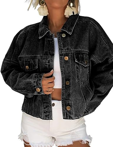 Necooer Veste en jean pour femme surdimensionnée Boyfriend Distressed Cropped Denim Veste légère stretch, Noir , XXL