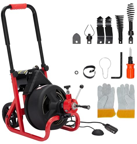 Drain Cleaner Machine, 75 ft X 1/2 in Electric Drain Auger with 6 Cutters and Gloves, Commercial Drain Cleaning Machine Sewer Snake Drill Drain Auger Cleaner for 2 to 4 in Pipes