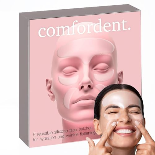 Reusable Silicone Face Patch Set - 5 Wrinkle Patches for Overnight Fine Line & Crease Flattening - Forehead, Under-eye and Smile Lines Repair - Adjustable Anti-Slip Earloop Buckle Straps (4)