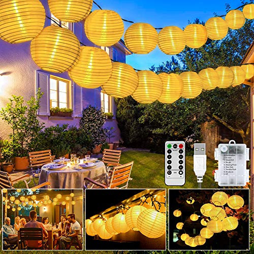 GAOUTO LED Lampion Lichterkette Außen, 40LED 8 Modi Lampion Lichterketten, USB/Batteriebetriebe und IP65 Wasserdicht LED Laterne Lichter Dekoration mit Timer für Garten, Hof, Hochzeit, Fest Deko