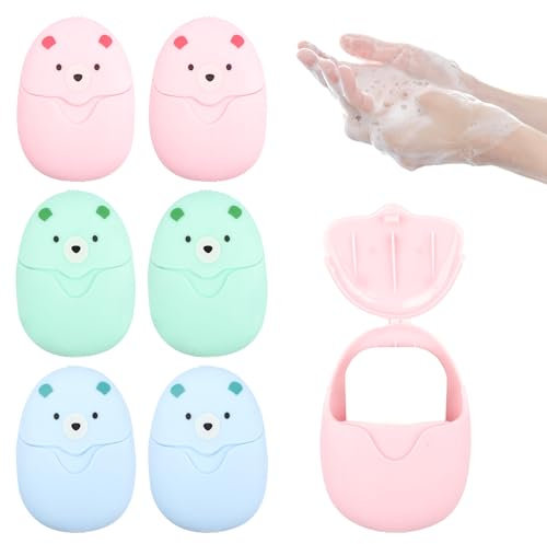 Tikplus 300 Stück Seifenblätter, 6 Boxen Mini Seifenblätter für Unterwegs, Einweg Papier Seife, Tragbare Seifenblättchen mit Kunststoffbox für Unterwegs Reisen Camping Outdoor Wandern