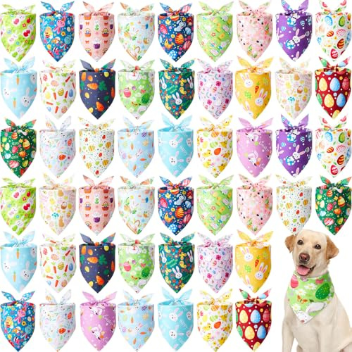 Sanwuta 50 Pcs Easter Dog Bandanas Bulk Pet Kerchief Set Bibs Triangle Scarf Dog Bandanas with Egg Rabbit Carrot Patterns for Easter Party Pet Costume Accessory Decoration(31.5 x 21.7 x 21.7)
