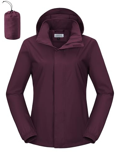 Outdoor Ventures Women's Raincoat Waterproof Rain Jacket Foldaway Hood Cycling Jacket Lightweight Packable Functional Windbreaker For Walking Hiking Wine Red L
