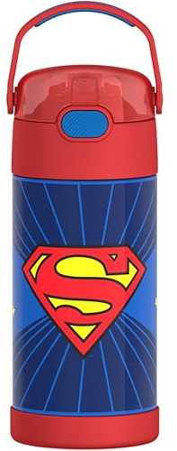 THERMOS FUNTAINER Water Bottle with Straw - 12 Ounce - Kids Stainless Steel Vacuum Insulated Water Bottle with Lid, Superman