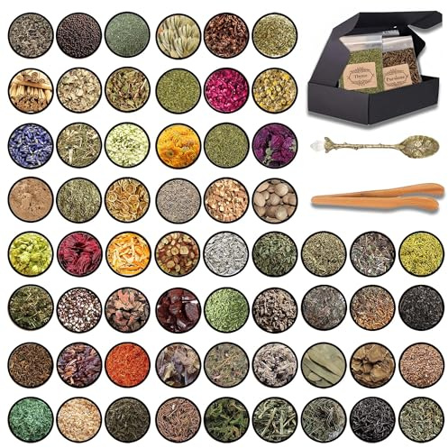 60 st häxkonst örter kit – wiccan och hedniska tillbehör för trollformel, ritualer, apotekare, häxiga gåvor – torkade blommor och magiska örter set