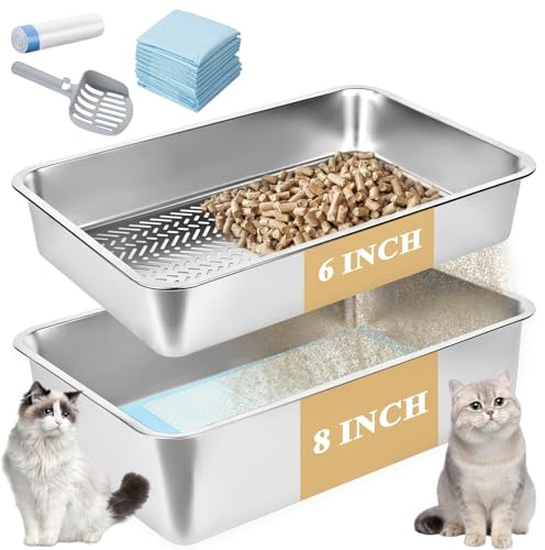 23.6''x15.7''x8'' Stainless Steel Sifting Litter Box, XL Large Metal Sifting Cat Litter Box for Pine Pellets, Litter Pan Tray System for Indoor Cats with Scoop and Pee Pad, Easy to Clean(8 Inch)