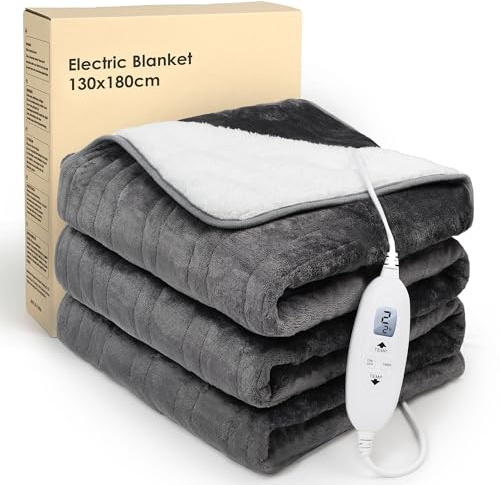 Seeksoon Electric Heated Blanket,180 * 130CM Heated Throw  Blanket | Electric Blanket with 4 Heat & Timer Settings,Auto-Off,LCD Display,Grey Sherpa Fleece Blanket for Sofa /Bed / Home Office Use