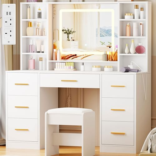 ANWBROAD Dressing Table with Lighted Mirror Makeup Vanity Desk with Power Outlet 7 Drawers 3 Colors Lighting Adjustable Brightness Modern Vanity Table for Women Bedroom Dressing Room White YBDT90W