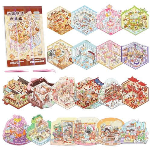 KIPEREE 20 Sets DIY 3D Scene Sticker Book – Creative Miniature House Scenes with Tweezers, Reusable Sticker Book for Kids and Adults, Stress Relief Cute Stickers Kit (Set-1)