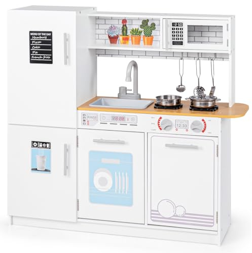 COSTWAY Kids Play Kitchen, Wooden Pretend Cooking Playset with Sink, Microwave, Dishwasher, Water Dispenser, Chalkboard, Toddler Toy Kitchen for Boys Girls