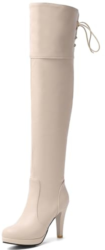 Cocey Stivali sopra il ginocchio con tacco alto, con lacci posteriori per abiti eleganti, tacco da 10 cm, beige., 41 EU