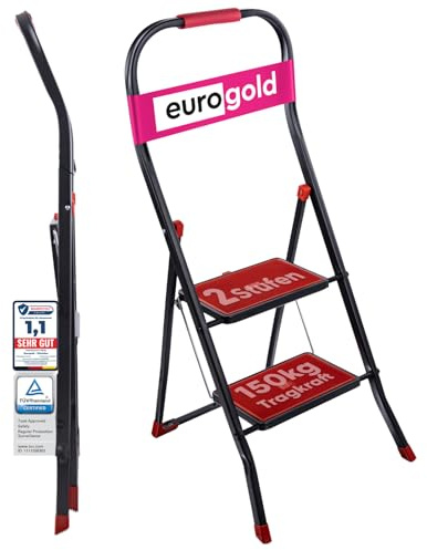 EUROGOLD® Trittleiter 2 Stufen [TÜV Zertifiziert bis 150 kg ] Tragkraft- klappbarer Tritthocker, rutschfeste Pedale & Sicherheitsbügel, Klapptritt für Innen- & Außenbereich