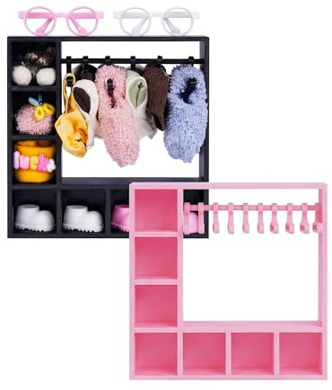 BABESIDE Doll Clothes Closet, Doll Clothes Storage with 2 Wardrobes & 20 Hangers, Doll Accessories Closet Set for 15/17 cm Dolls, Doll Closet Organizer Display (Pink & Black)
