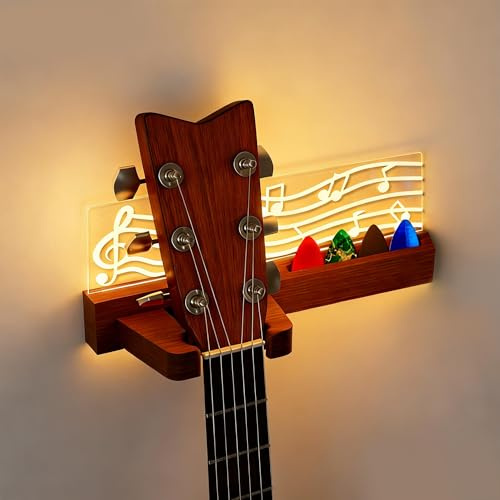 MEKOTRIN Light up Guitar Wall Mount, Wooden Guitar Stand with Pick Holder, Guitar Hanger Wall-Mounted with LED Light Strip&Acrylic Musical Notes Design for Bass Ukulele Violin, Gift for Guitar Players