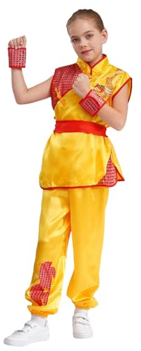 inlzdz Kids Boys Girls Satin Kung Fu Costume Short Sleeve Dragon Print Top With Pants Belt & Cuffs Yellow 7-8 Years