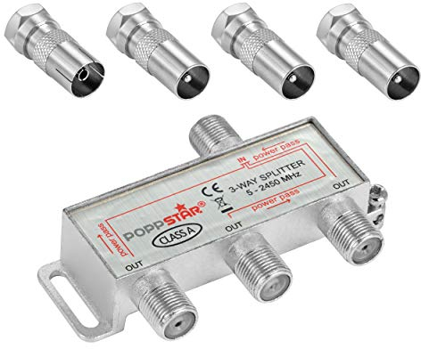 Poppstar Sat-Verteiler Antennenverteiler Splitter Umschalter 3-Fach inkl. IEC Stecker (analog/digital/BK/unicable/HD/4K tauglich) für TV,Antenne,Satellit,Kabel,Fernseher,Radio,LNB