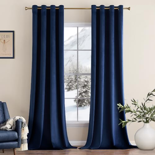 MIULEE Navy Blue Velvet Curtains for Bedroom 2 Panel Set 102 Inch Drop Curtains, Soft Elegent Home Decor Velvet Curtain Living Room, Sun Blocking Room Darkening Thermal Eyelet Curtain 55x102 Inch