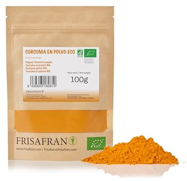 FRISAFRAN | BIO Kurkuma Pulver 100g | Gelbwurz gemahlen | Gewürz | Hochwertige Kurkumawurzel aus Indien | natürliches Lebensmittel | Golden | Achterhof Pulver | Kurkuma-Gewürz | Natürlich