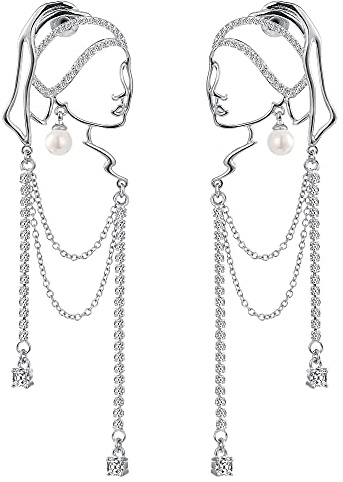 TEBIHOYO Unique Abstract Face Art | Dangle Statement Long Earrings for Women | Rhinestone Tassel Handmade Chandelier Earrings (silver)