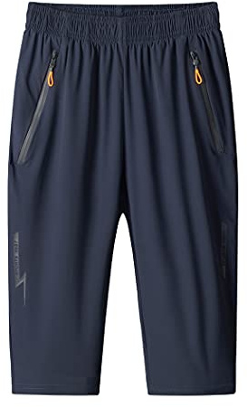 MakingDa Herrshorts 3/4 joggingbyxor capri casual sportbyxor sommar lös dragkedja gym löpning träningsbyxor – elastisk midja under knäkort med blixtlåsficka, BLÅ, XL Stor