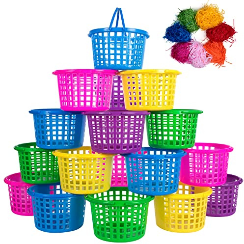 80UncleKimby 18PCS Easter Baskets Small for Kids Bulk with Handles Plus 70g Easter Grass Stuffers Fillers Egg Hunt Game Gifts Party Favors 6.5 x 6.7