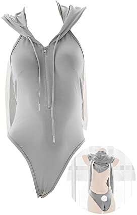 JasmyGirls Sexig kanin cosplay underkläder japansk anime huvtröja kostym Kawaii hembiträde outfit Lolita dragkedja bodysuit kaninöron huvtröja grå