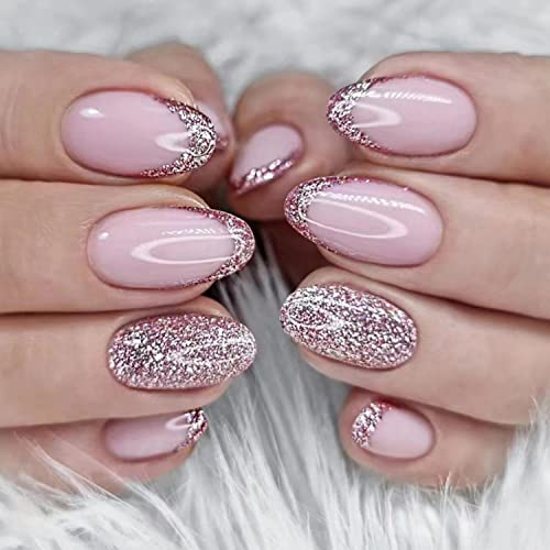 24Pcs Almond Press on Nails Short, French Tip Fake Nails Glossy Pink Glitter False Nail with Glue Stickers, Oval Acrylic Full Cover Glue on Nail for Women and Girls