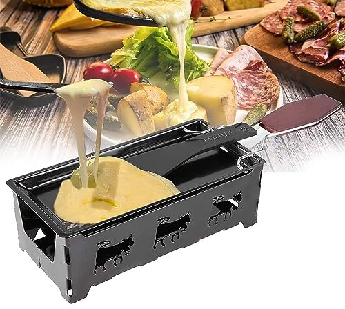 FURLOU Mini Raclette Set, Non-Stick Cheese Melter Raclette Cheese, Cheese Raclette Rotaster with Spatula, with Foldable Handle Cheese Raclette Oven Grill Pan, for Dinner Parties, Appetizers black