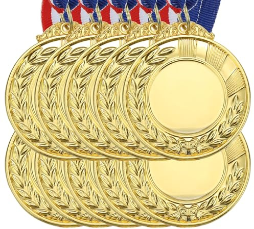 PATIKIL Blank Award Medals, 10 Pack Gold Award Medals with Neck Ribbon, Make Your Medals Kit, Winner Medals Prize for Sports Games Competitions