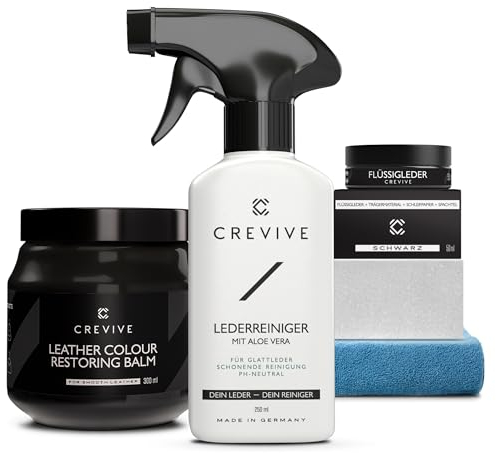 CREVIVE Flüssigleder Schwarz 50 ml, Lederreiniger 250 ml & Reperatur Balsam 300 ml - Leder Reparatur Set Schwarz - Kunstleder Reparaturset - Lederreparaturset für Sofa, Couch, Lenkrad, Autositze.