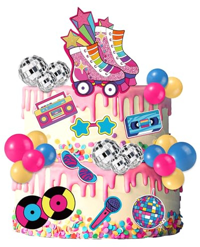 31pz Topper per Torta Pattini a Rotelle, Palle da Discoteca per Torta Retro Topper Torta 80 Anni e '90 Decorazioni per Torte a Tema Hip Hop Decorazioni per Feste con Pattini a Rotelle