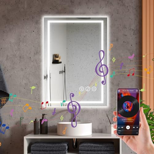 Ratsamee LED Bathroom Wall Mirror with LED Lights - 500×600 MM Bluetooth Anti-Fog Vanity Mirror, 3-Color Dimmable Frontlit Illumination for Makeup, Wall Mounted Bathroom Lighting