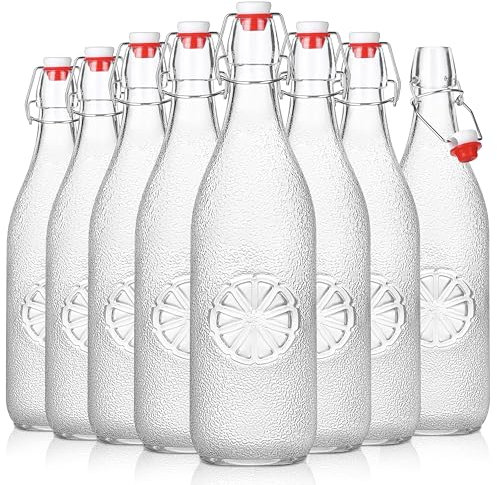 Danmu Art 8PCS 1L Glass Bottles with Clip Top Lids - Brewing Bottle Airtight Preserve Glass Dispenser Empty Bottles for Home Brewing Oil Vinegar Beer Wine Cider Soda 1000ML/35oz