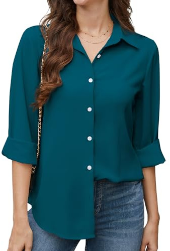 Stamain Blusas Teal Mujer Manga Larga Elegante Casual Camisa con Cuello en V Trabajo Camisas Botones Suelta Color Sólido XL