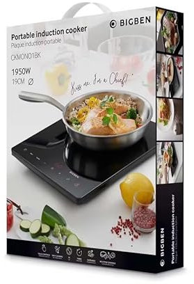 Bigben Placa de inducción portátil 1950 W – Mesa de cocción 1 fuego con temporizador, control de temperatura 60-240 °C, ideal estudio, cocina supletoria – Limpieza fácil – CKMONO1BK (una placa)