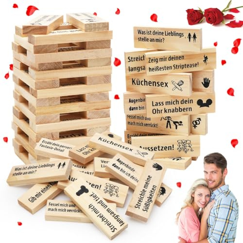 DASIAUTOEM Juego de torre de bloques de 48 piezas, Torre de Bloque de San Valentín Juegos para Parejas, Love & Naughty Torre apilable Bloques de madera, 48 bloques de madera, desafíos para parejas