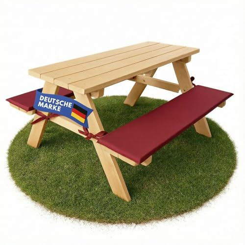 Coemo Robusta y infantil silla exterior con 2 cojines naturales, mesa de pícnic, grupo de asientos infantiles y mesa infantil para jardín y balcón, mesa de juegos, mesa de jardín de madera