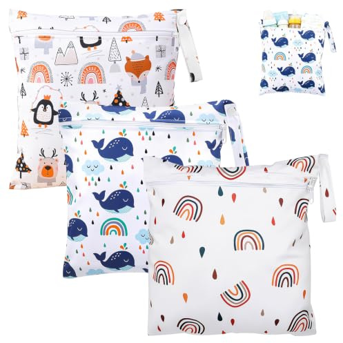 3 Piezas Bolsa Impermeable Bebe, Bolsa Reutilizable para Pañales de Tela, Bebé Reutilizable Impermeabilizan Bolsa con Cremallera para Nadar Fitness Acampar - 30x28,5 cm (Ballena,Arcoíris,Pingüino)