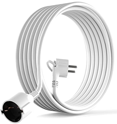 MutecPower 5 Meter Verlängerungskabel mit Flachstecker Qualitäts-Kunststoff Schuko Verlängerung mit Flachstecker Schutzkontakt 90° Winkelstecker & Schutzkontaktkupplung bis 250V 16A IP20-5m weiß