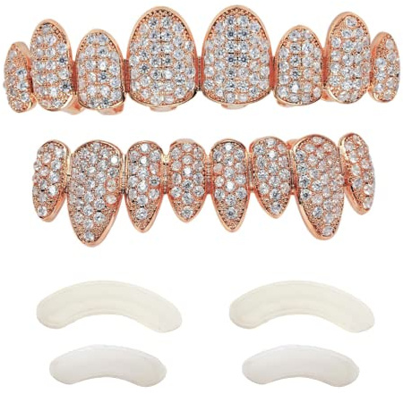 TSANLY Gold Grillz Iced Out CZ diamant topp & botten set grill 24K guldpläterade makrobete tänder grillar – extra gjutstänger ingår + förvaringsväska + mikrofiberduk, colore: Rosa guld