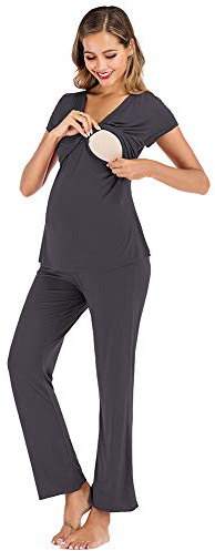 rismart Dam moderskap och amning pyjamas set kortärmad gravid sjukhus nattkläder t-shirt topp med byxa, Mörkgrått, XXL