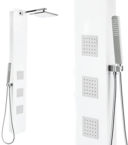 Premium Duschpaneel mit weißem Glas ink. Thermostat Duschkopf 40x40cm und vielen Funktionen Regendusche 150cm