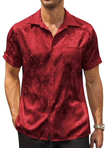 Coofandy Chemise d'été à Manches Courtes en Satin de Soie Jacquard pour Homme, 01 Rouge, Taille L