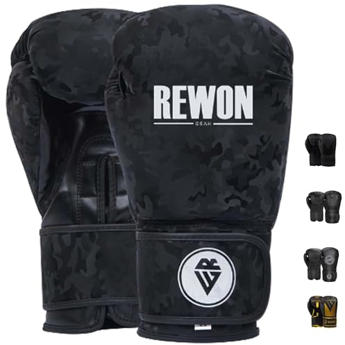 REWON Guantoni Boxe - Guanti da Boxe per Allenamento Sparring MMA Kickboxing 8oz-16oz Guantoni da Sacco Sacchi Pugilato Colpitori Punzonatura Muay Thai (Camuffare, 16 oz)