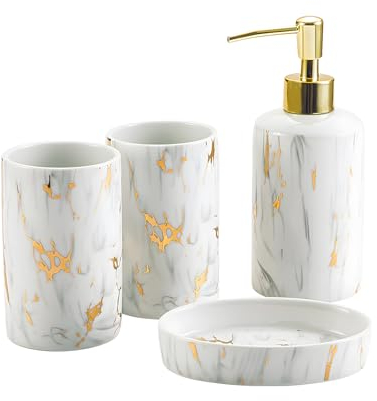 Santentre 4 Stück Luxus Keramik Badezimmer Set mit Seifenspender, Zahnbürsten-Halter, Becher, Seifenschale, Ideales Wohngeschenk für Badezimmerdekoration und -Organisation, Weiss Marmor