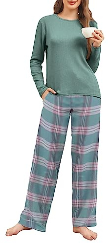 Famulily Women's Soft Cotton Lounge Set Long Sleeve Top Pajamas Wide Leg Pants Winter Loungewear Outfits Green M
