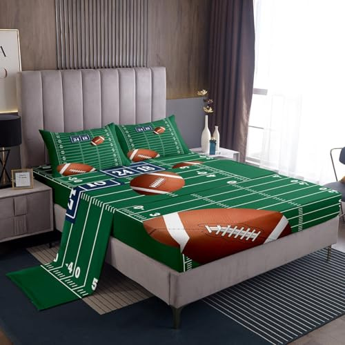 jejeloiu Football Sheet Set Queen Size Kids Rugby Sheets with Deep Pocket Fitted Sheet for Boys Girls Teens Football Bed Sheets Set Breathable Sports Theme Green Bedding Set Room Decor