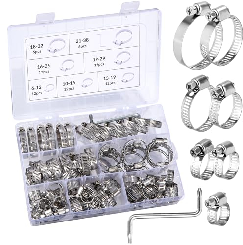 73 Stk Schlauchschellen Set, Einstellbare 6–38 mm Schlauchschelle, Edelstahl Rohrschellen Sortiment, 7 Größen Schlauchklemme für Wasserleitung, Autoleitung,Haus Gas Rohr,Tank