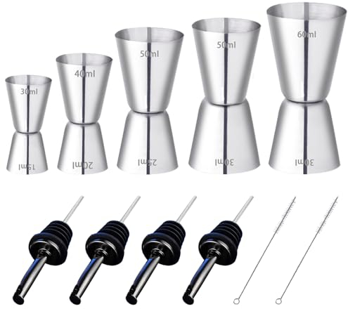 RUIJIE 5 Stück Cocktail Messbecher Edelstahl Barmaß 2cl/3cl/4cl/5cl/6cl Klein Jigger mit Innenskalierung Dual Gin Measuring Cups mit Flaschenausgießer Bürste Doppelmaß für Bar Party Wein Drink Shaker